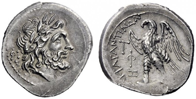 Greek Coins   Agrigentum  Drachm circa 213-211, AR 3.39 g. Laureate head of Zeus...