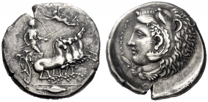 Greek Coins   Camarina  Tetradrachm circa 425-405, AR 16.64 g. Prancing quadriga...