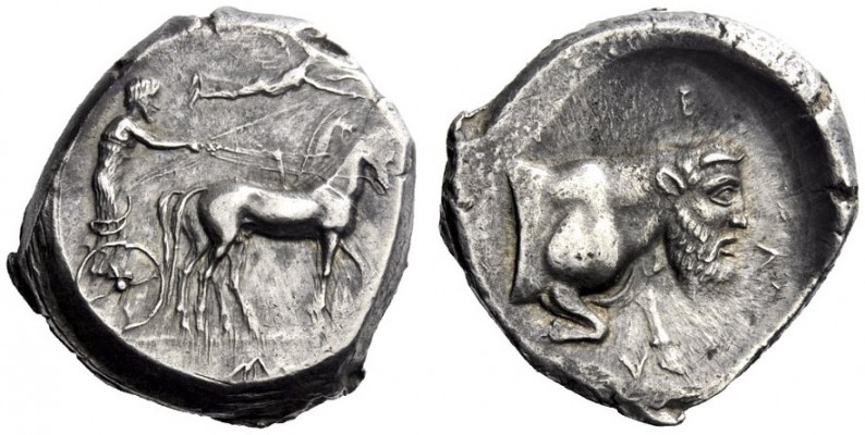 Greek Coins   Gela  Tetradrachm circa 420-415, AR 17.55 g. Slow quadriga driven ...