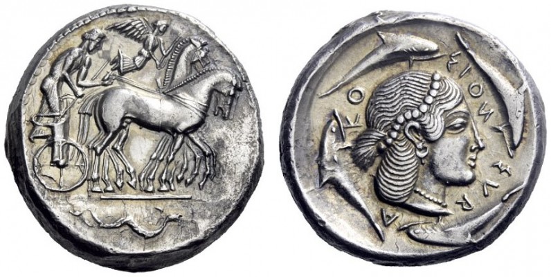 Greek Coins   Syracuse  Tetradrachm circa 466-460, AR 17.23 g. Slow quadriga dri...