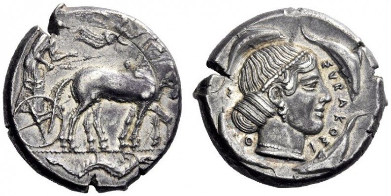 Greek Coins   Syracuse  Tetradrachm circa 460-440, AR 17.11 g. Slow quadriga dri...