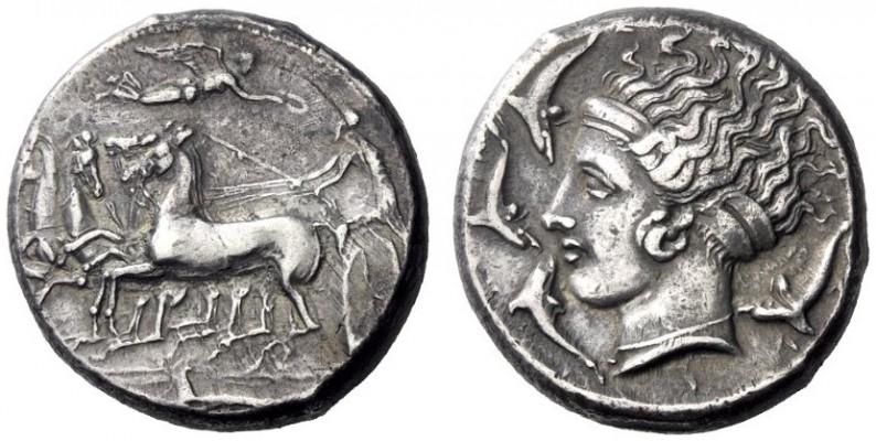 Greek Coins   Syracuse  Tetradrachm circa 405-395, AR 17.25 g. Fast quadriga dri...