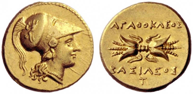 Greek Coins   Syracuse  Double decadrachm circa 304-289, AV 5.68 g. Head of Athe...