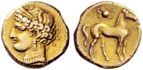 Greek Coins   The Carthaginians in Sicily and in North Africa  Trihemistater, Carthago circa 255-241, EL 10.15 g. Head of Tanit l., wearing barley-wre...