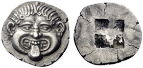 Greek Coins   Neapolis  Drachm or tetrobol circa 500-450, AR 4.17 g. Gorgoneion facing. Rev. Quadripartite incuse square. Boston 562. SNG ANS 421.  In...
