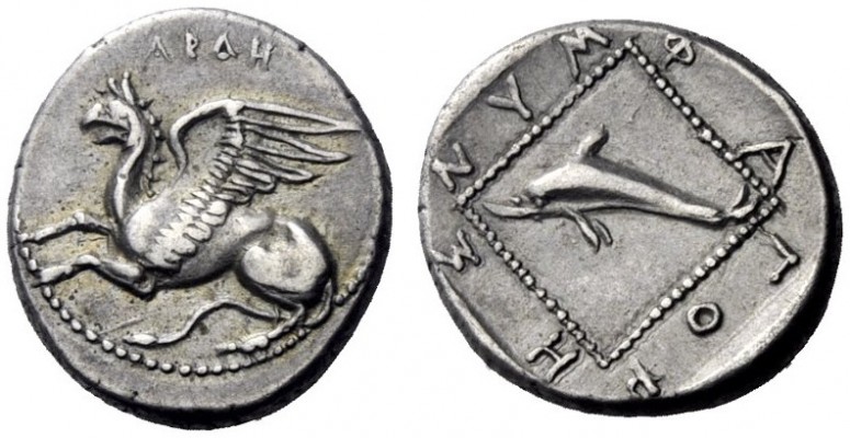 Greek Coins   Thrace, Abdera  Tetrobol circa 411-385, AR 2.86 g. ABΔH Griffin sp...