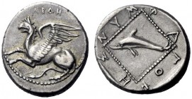 Greek Coins   Thrace, Abdera  Tetrobol circa 411-385, AR 2.86 g. ABΔH Griffin springing l. Rev. NΥM – ΦA – ΓOΡ – HΣ around dotted square within which,...