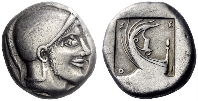 Greek Coins   Scione  Tetradrachm circa 475, AR 16.63 g. Helmeted head of Protes...