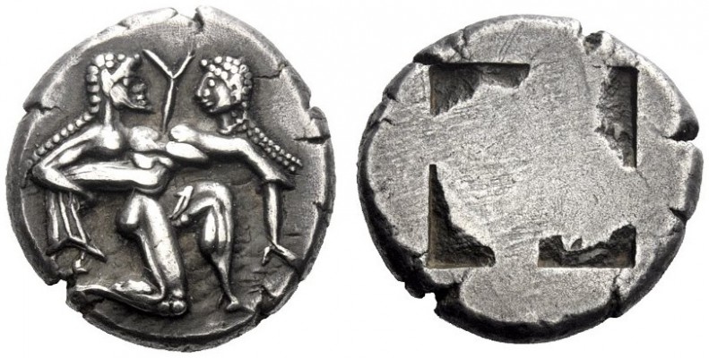 Greek Coins   Thasos  Stater circa 490, AR 9.87 g. Naked ithyphallic satyr suppo...