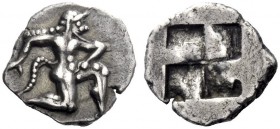 Greek Coins   Thasos  Obol circa 525-463, AR 1.03 g. Naked satyr kneeling r. Rev. Quadripartite incuse square. SNG Ashmolean 3653. Rosen 144. Le Rider...