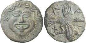 Greek Coins   Scythia, Olbia  Cast bronze circa 400-350, Æ 135.07 g. Gorgoneion facing with tongue protruding. Rev. X – A – P – I Eagle flying r., wit...