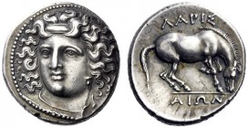 Greek Coins   Thessaly, Larissa  Drachm mid to late 4th century BC, AR 6.12 g. Head of nymph Larissa facing three-quarters l. Rev. ΛAΡIΣ / AIΩN Horse ...