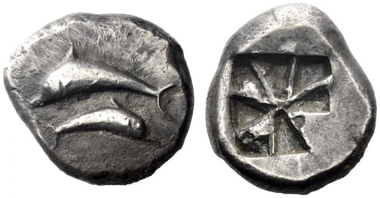 Greek Coins   Thera  Stater circa 525/520-500, AR 12.30 g. Two dolphins swimming...