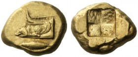 Greek Coins   Mysia, Cyzicus  Stater late 6th century BC, EL 15.63 g. Prow of galley to l., with ram in the form of a winged forepart of a collared wo...