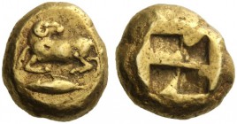 Greek Coins   Mysia, Cyzicus  Stater circa 550-500, EL 16.06 g. Ram crouching l. head reverted; below, tunny to l. Rev. Quadripartite incuse square. v...