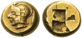 Greek Coins   Mysia, Cyzicus  Hecte circa 500, EL 2.65 g. Young male head l., wearing Ionic helmet; below neck truncation, tunny. Rev. Quadripartite i...
