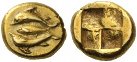 Greek Coins   Mysia, Cyzicus  Hecte circa 500-450, EL 2.70 g. Tunny l. between two dolphins. Rev. Quadripartite incuse square. von Fritze 95. Rosen 47...