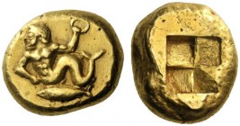 Greek Coins   Mysia, Cyzicus  Stater circa 500-450, EL 15.98 g. Triton swimming l., holding wreath in l. hand; below, tunny. Rev. Quadripartite incuse...
