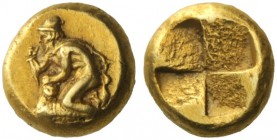 Greek Coins   Mysia, Cyzicus  Hecte circa 380, EL 2.63 g. Naked Kabir wearing pileus and chlamys kneeling l. over ram, which he is about to stab with ...