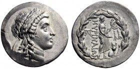 Greek Coins   Aeolis, Myrina  Tetradrachm circa 155-145, AR 16.35 g. Laureate head of Apollo r. Rev. MΥΡINAIΩN Apollo Grynius standing r. with laurel ...