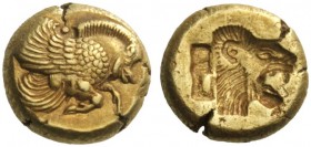 Greek Coins   Lesbos, Mytilene  Hecte circa 521-478, EL 2.56 g. Forepart of winged boar r. Rev. Lion’s head r. with open jaws, incuse. SNG von Aulock ...