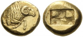 Greek Coins   Asia Minor, uncertain mint possibly in Ionia  Stater circa 500-480, EL 13.97 g. Forepart of ram r. Rev. Rectangular incuse punch. Triton...