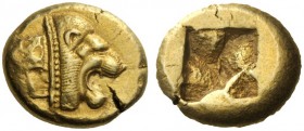 Greek Coins   Asia Minor, uncertain mint possibly in Ionia  Stater circa 500, EL 14.07 g. Lion’s head r. with dotted collar; behind, two raised square...