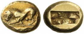 Greek Coins   Asia Minor, uncertain mint possibly in Ionia  Stater circa 500-480, EL 13.99 g. Lactating lioness crouching l., head facing. Rev. Two re...