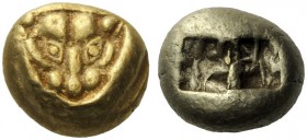 Greek Coins   Ionia, Uncertain mint  Trite circa 600-550, Æ 4.70 g. Facing head of lion or panther. Rev. Bipartite incuse punch with raised lines with...