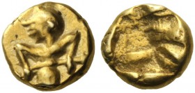 Greek Coins   Ionia, Uncertain mint  Hecte circa 600-550, EL 2.20 g. Athena or Artemis standing facing, head l., holding with both hands and long thin...