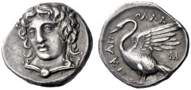 Greek Coins   Clazomenae  Drachm circa 360, AR 4.05 g. Laureate head of Apollo facing three-quarters l., wearing chlamys secured by round brooch. Rev....
