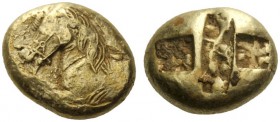 Greek Coins   Ephesus  Stater circa 575-560, EL 14.29 g. Forepart of bridled horse l. Rev. Incuse rectangle between two incuse squares. Weidauer 138 (...
