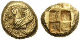 Greek Coins   Lampsacus  Stater circa 412, EL 14.93 g. Forepart of Pegasus l.; below, monogram. All within vine wreath. Rev. Quadripartite incuse squa...