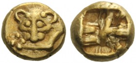 Greek Coins   Miletus  Hemihecte circa 560, EL 1.18 g. Forepart of panther l., head facing. Rev. Incuse punch with irregular surface.  Apparently uniq...