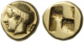 Greek Coins   Phocaea  Hecte 477-388, EL 2.51 g. Female head l., hair caught up in netted saccos tied above forehead; behind, seal. Rev. Quadripartite...