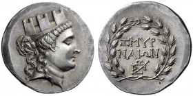 Greek Coins   Smyrna  Tetradrachm circa 160-150, AR 16.67 g. Turreted head of Tyche r. Rev. ΣMΥΡ / NAIΩN / monogram; all within wreath. Milne, NC 1914...