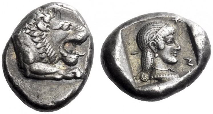 Greek Coins   Caria, Cnidus  Drachm circa 465-449, AR 6.21 g. Forepart of lion r...