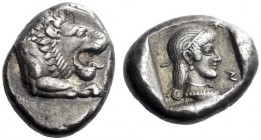 Greek Coins   Caria, Cnidus  Drachm circa 465-449, AR 6.21 g. Forepart of lion r., with open jaws and tongue protruding. Rev. K – N – I Diademed bust ...