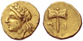 Greek Coins   Satraps of Caria, Pixodarus, 340 - 334  1/24 stater, AV 0.34 g Laureate head of Apollo l. Rev. Labris; below, Π - I. SNG Lockett 2387. S...