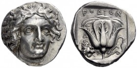 Greek Coins   Rhodes  Tetradrachm circa 385, AR 15.17 g. Head of Helios facing three-quarters r., hair in separate curly locks falling outwards and do...