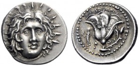 Greek Coins   Rhodes  Didrachm circa 250-229, AR 6.76 g. Radiate head of Helios facing. Rev. MNAΣIMAXOY Rose with stem and bud on r.; at base of stem,...