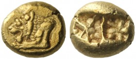 Greek Coins   Lydia, Uncertain mint  Hecte mid 6th century BC, AV 2.34 g. Forepart of lion l. Rev. Bipartite rectangular punch with floral pattern. We...