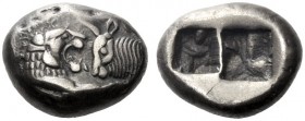 Greek Coins   Kings of Lydia, Croesus circa 561-546 and later issues  Half stater, Sardis circa 561-546, AR 5.36 g. Confronted foreparts of lion, with...