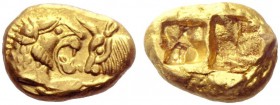 Greek Coins   Kings of Lydia, Croesus circa 561-546 and later issues  Stater light series, Sardis circa 505-500, AV 8.08 g. Confronted foreparts of li...