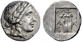 Greek Coins   Lycian League   Antiphellos circa 167 -100. Drachm circa 167-100, AR 2.72 g. Laureate head of Apollo r., bow and quiver over shoulder. R...