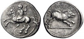 Greek Coins   Pamphylia, Aspendus  Stater circa 420-360, AR 5.44 g. Mopsus, brandishing spear, on prancing horse l. Rev. EΣTFEΔIIVΣ Boar running r. SN...