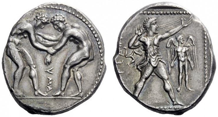 Greek Coins   Pamphylia, Aspendus  Stater circa 370, AR 10.91 g. Two naked wrest...
