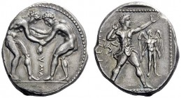 Greek Coins   Pamphylia, Aspendus  Stater circa 370, AR 10.91 g. Two naked wrestlers grappling; in lower centre field, YMA. Rev. [EΣT]FEΔ[IIVΣ] Youthf...