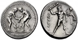 Greek Coins   Pisidia, Selge  Stater circa 300, AR 10.61 g. Two naked wrestlers grappling; in lower centre field, AΛ. Rev. ΣEΛΓEΩN Heracles standing r...
