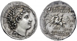 Greek Coins   Antiochus VI Epiphanes, 144-142  Tetradrachm, Antiochia ad Orontem mid 143(?)-142, AR 16.87 g. Radiate and diademed head r., within bead...